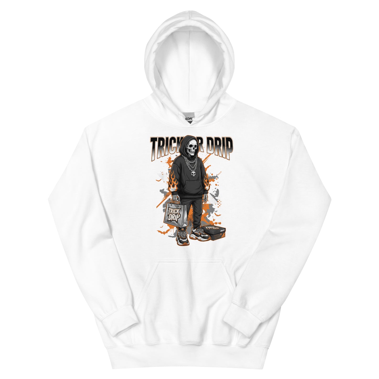 Trick or Drip Halloween graphic hoodie in white - front view